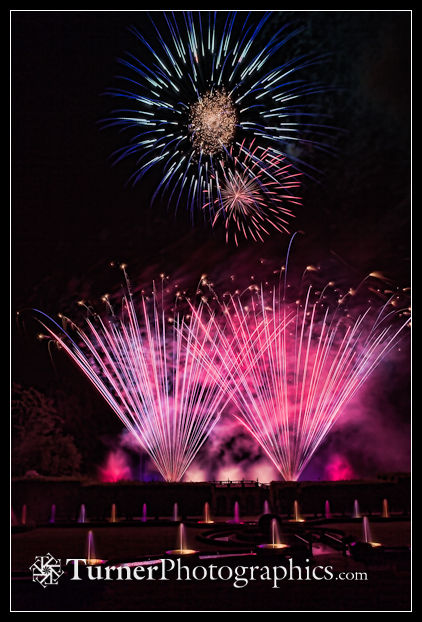 Fireworks over illuminated Fountain Garden