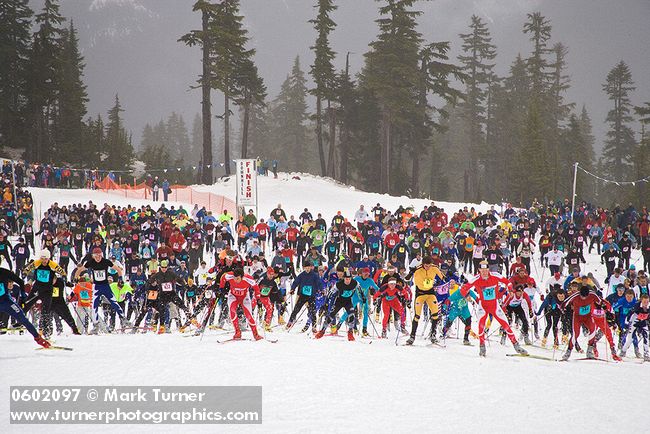 0602097 Cross-country skiers massed at start of Ski to Sea race. Mt. Baker Ski Area, WA. © Mark Turner