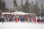 0602097 Cross-country skiers massed at start of Ski to Sea race. Mt. Baker Ski Area, WA. © Mark Turner