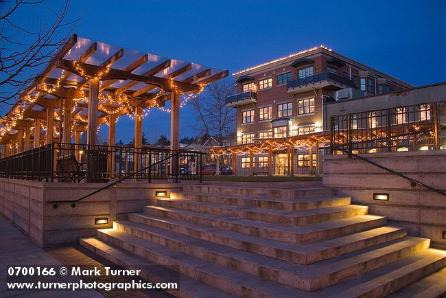 0700166 Fairhaven Village Green & Village Books at dusk. Bellingham, Fairhaven district, WA. © Mark Turner