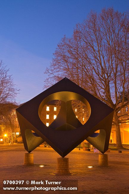 0700397 'Skyviewing Sculpture' (Isamu Noguchi) on Red Square, twilight. Bellingham, Western Washington University, WA. © Mark Turner