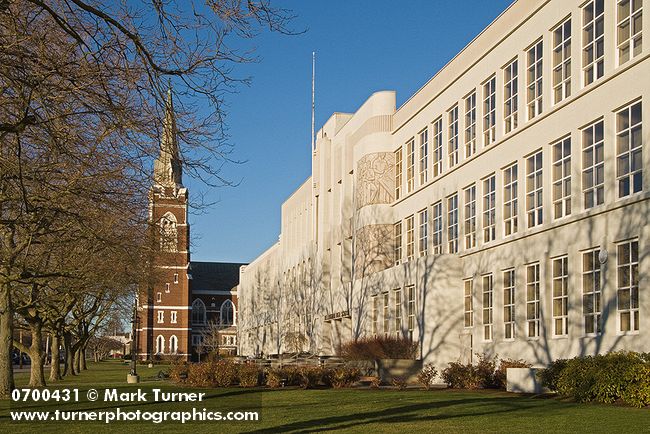 0700431 Bellingham High School w/ Assumption Catholic Church bkgnd, winter afternoon. Bellingham, WA. © Mark Turner