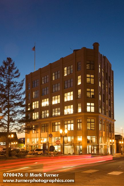 0700476 VECO building, dusk w/ car taillight streaks. Bellingham, WA. © Mark Turner