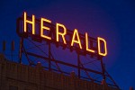 0700808 Bellingham Herald rooftop neon sign, dusk. Bellingham, WA. © Mark Turner