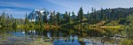 0816383 Mt. Shuksan reflected in Highwood Lake w/ Mountain Hemlocks [pan 5 of 5] [Tsuga mertensiana]. Mt. Baker-Snoqualmie NF Heather Meadows, WA. © Mark Turner