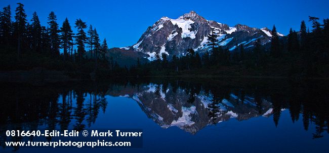 0816640 Mt. Shuksan reflected in Picture Lake, dusk. Mt. Baker-Snoqualmie NF Heather Meadows, WA. © Mark Turner