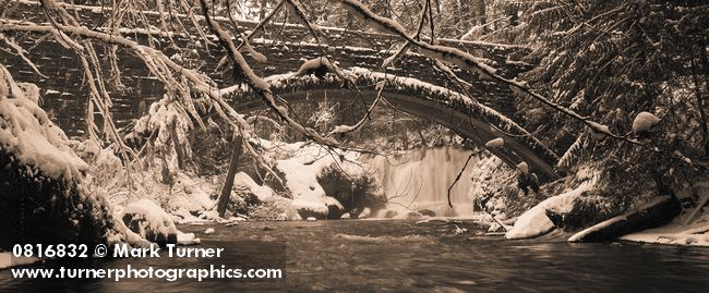 0816832 Stone foot bridge below Whatcom Falls w/ snow fr downstream. Whatcom Falls Park, Bellingham, WA. © Mark Turner