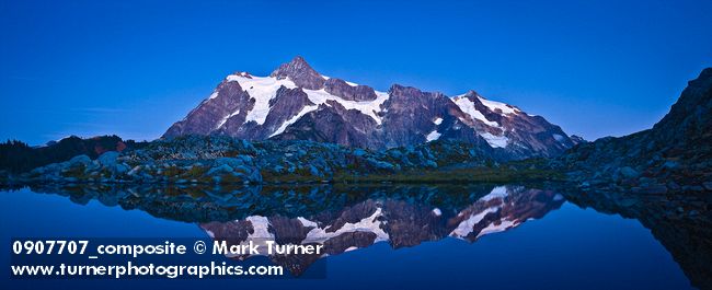 0907707 Mt. Shuksan reflected in alpine tarn at dusk [pan 3 of 3]. Mt. Baker-Snoqualmie NF Huntoon Point, WA. © Mark Turner