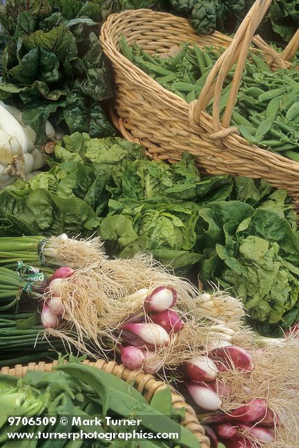 9706509 Baskets of fresh organic produce: peas, lettuce, red onions. Bellingham Farmer's Market, WA. © Mark Turner