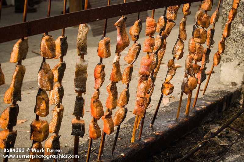 0504383 Barbequed salmon cooking, Lummi Stommish. Lummi Nation, WA. © Mark Turner