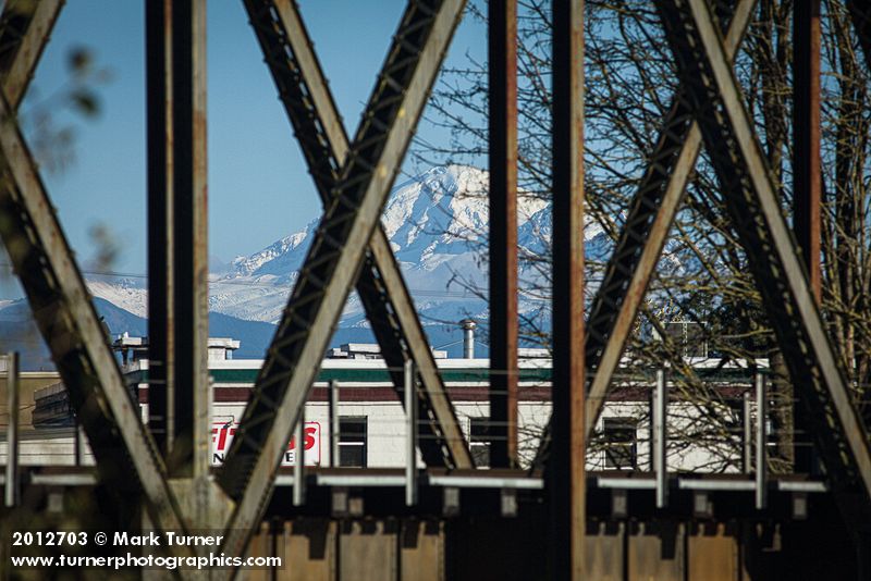 Mt. Baker framed by Ferndale BNSF railroad bridge. Ferndale, WA. © Mark Turner [2012703]