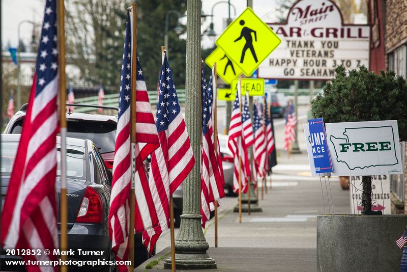 American flags on Ferndale Main Street in honor of Veteran's Day. Ferndale, WA. © Mark Turner [2012852]