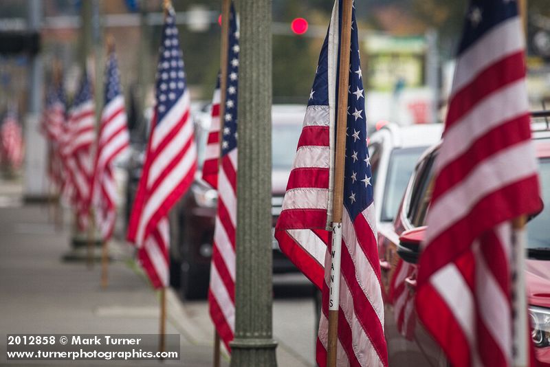 American flags on Ferndale Main Street in honor of Veteran's Day. Ferndale, WA. © Mark Turner [2012858]