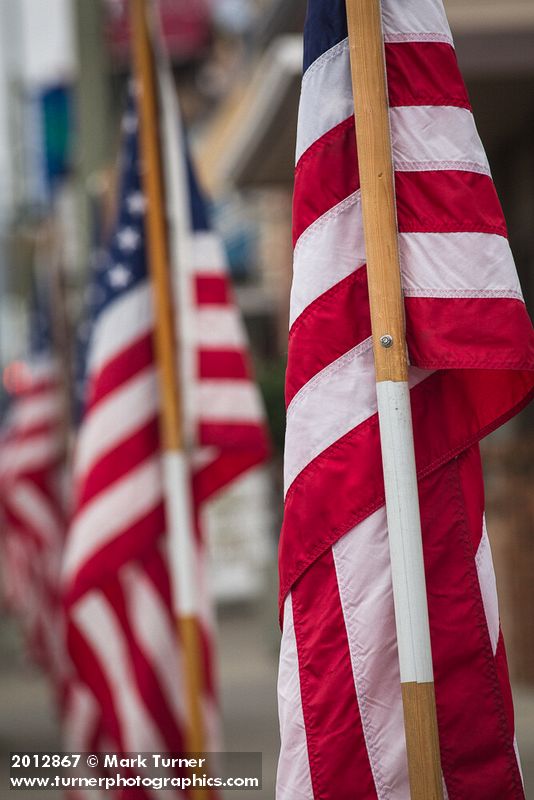 American flags on Ferndale Main Street in honor of Veteran's Day. Ferndale, WA. © Mark Turner [2012867]