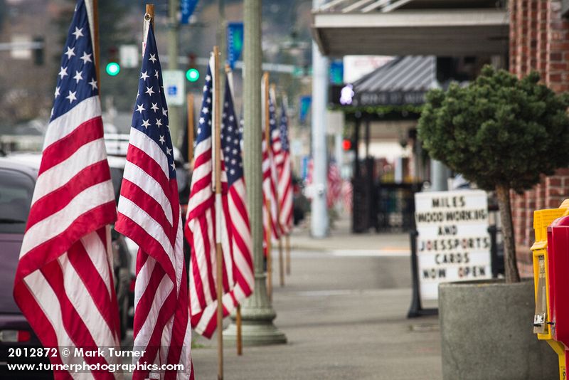 American flags on Ferndale Main Street in honor of Veteran's Day. Ferndale, WA. © Mark Turner [2012872]