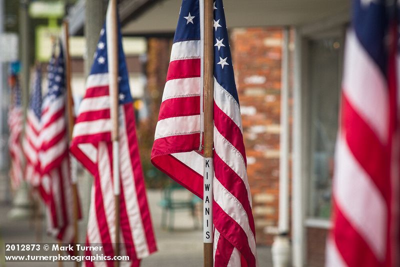 American flags on Ferndale Main Street in honor of Veteran's Day. Ferndale, WA. © Mark Turner [2012873]