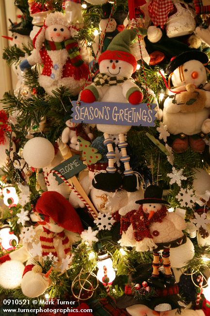 0910521 Snowman Christmas tree ornaments detail. Mary Etta Foster, Ferndale, WA. © Mark Turner