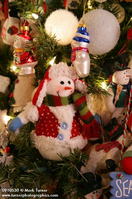 0910530 Snowman Christmas tree ornaments detail. Mary Etta Foster, Ferndale, WA. © Mark Turner