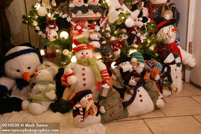 0910539 Stuffed figures at base of Snowman Christmas tree. Mary Etta Foster, Ferndale, WA. © Mark Turner