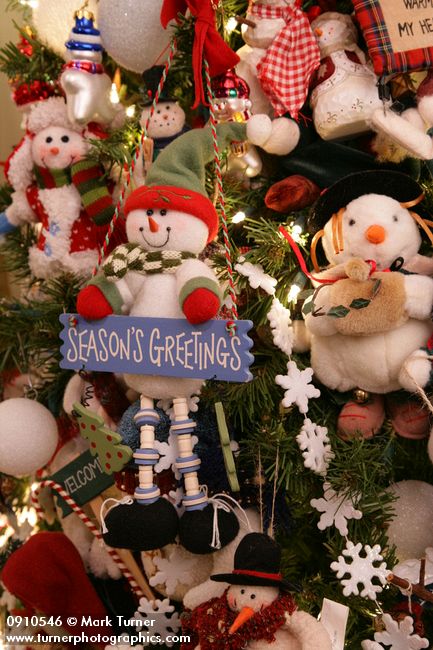 0910546 Snowman Christmas tree ornaments detail. Mary Etta Foster, Ferndale, WA. © Mark Turner