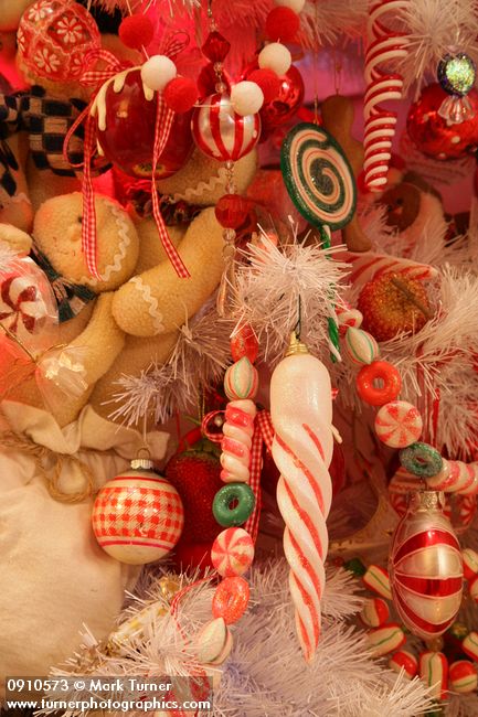 0910573 Gingerbread & Candy Christmas tree ornaments detail. Mary Etta Foster, Ferndale, WA. © Mark Turner