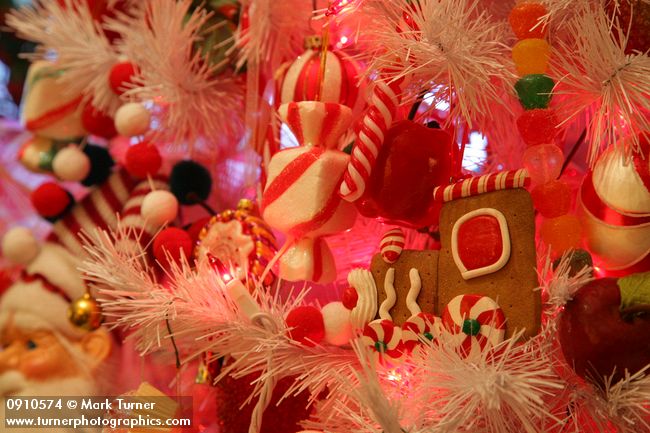 0910574 Gingerbread & Candy Christmas tree ornaments detail. Mary Etta Foster, Ferndale, WA. © Mark Turner