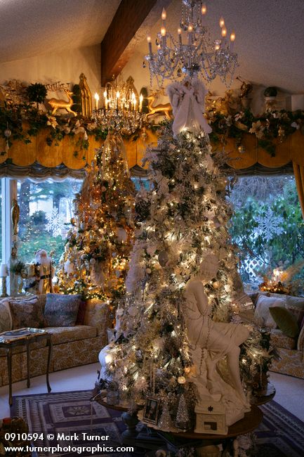 0910594 Silver & Gold Christmas trees in living room. Mary Etta Foster, Ferndale, WA. © Mark Turner