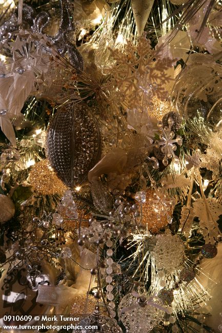 0910609 Silver Christmas tree ornaments detail. Mary Etta Foster, Ferndale, WA. © Mark Turner