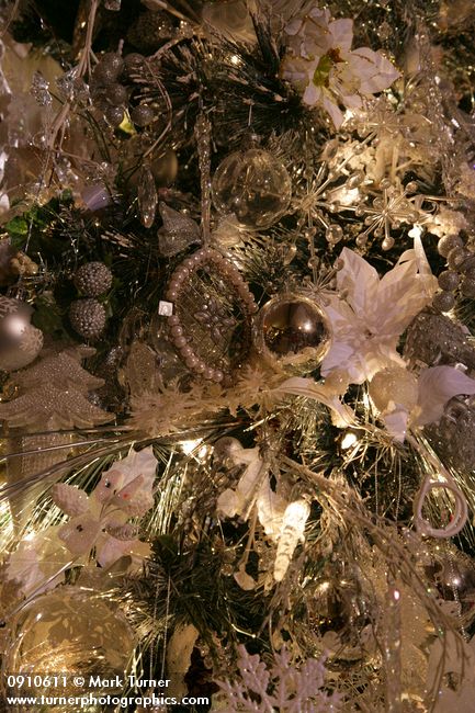 0910611 Silver Christmas tree ornaments detail. Mary Etta Foster, Ferndale, WA. © Mark Turner