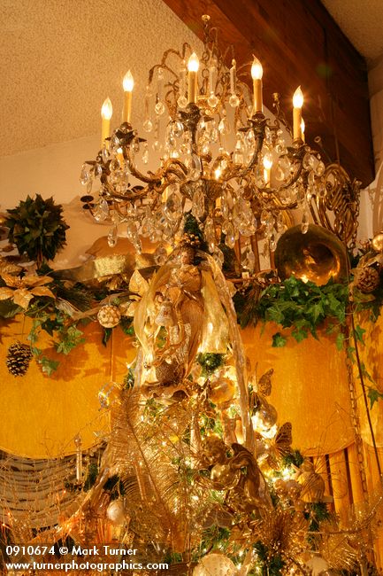 0910674 Chandelier & angel doll atop Gold Christmas tree. Mary Etta Foster, Ferndale, WA. © Mark Turner