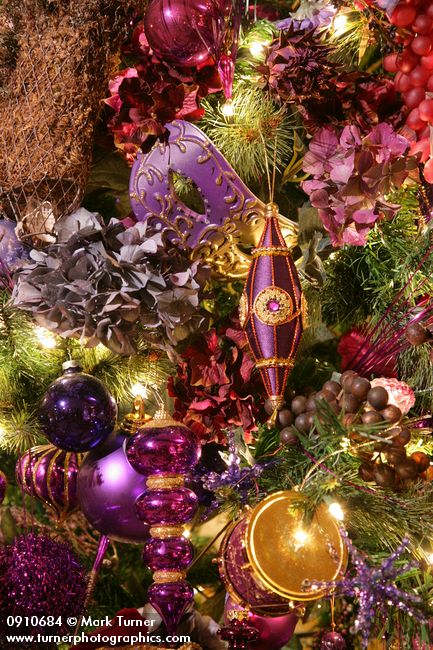 0910684 Purple Christmas tree ornaments detail. Mary Etta Foster, Ferndale, WA. © Mark Turner