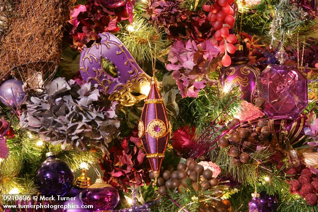 0910686 Purple Christmas tree ornaments detail. Mary Etta Foster, Ferndale, WA. © Mark Turner