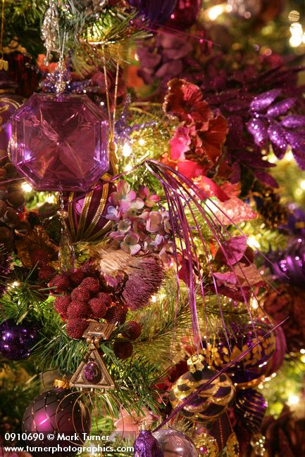 0910690 Purple Christmas tree ornaments detail. Mary Etta Foster, Ferndale, WA. © Mark Turner