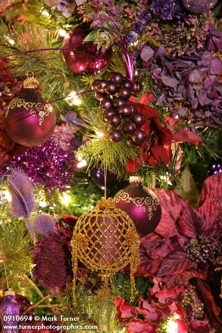 0910694 Purple Christmas tree ornaments detail. Mary Etta Foster, Ferndale, WA. © Mark Turner