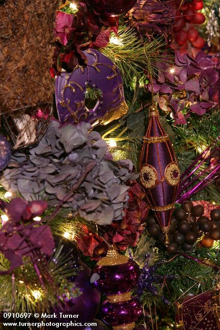 0910697 Purple Christmas tree mask & other ornaments detail. Mary Etta Foster, Ferndale, WA. © Mark Turner