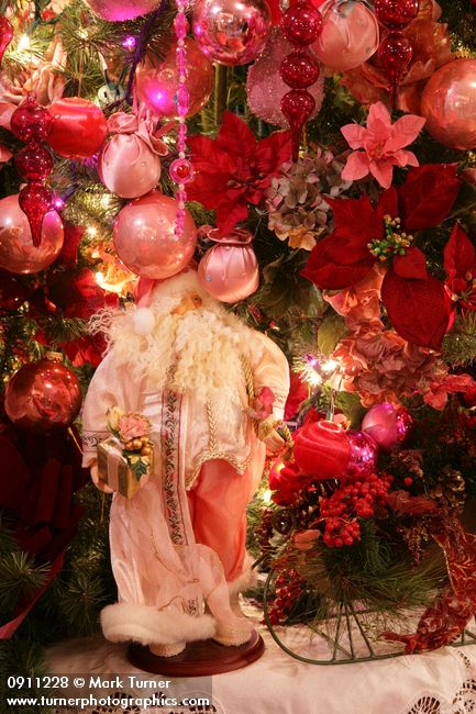 0911228 Santa figurine at base of Rose Christmas tree. Mary Etta Foster, Ferndale, WA. &copy; Mark Turner