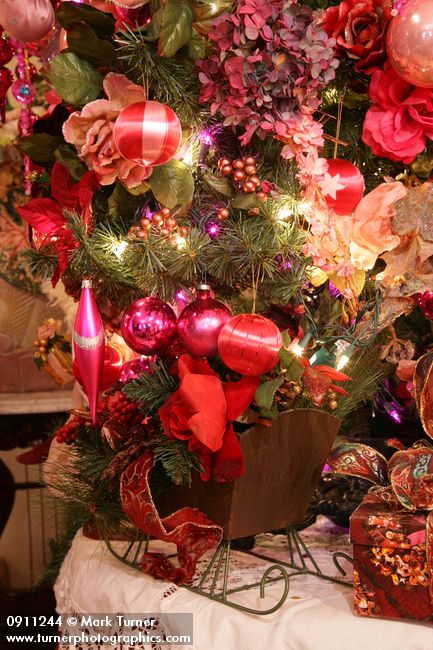0911244 Sleigh at base of Rose Christmas tree. Mary Etta Foster, Ferndale, WA. &copy; Mark Turner