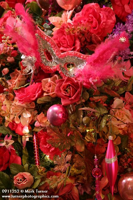 0911252 Mask among Rose Christmas tree ornaments. Mary Etta Foster, Ferndale, WA. &copy; Mark Turner
