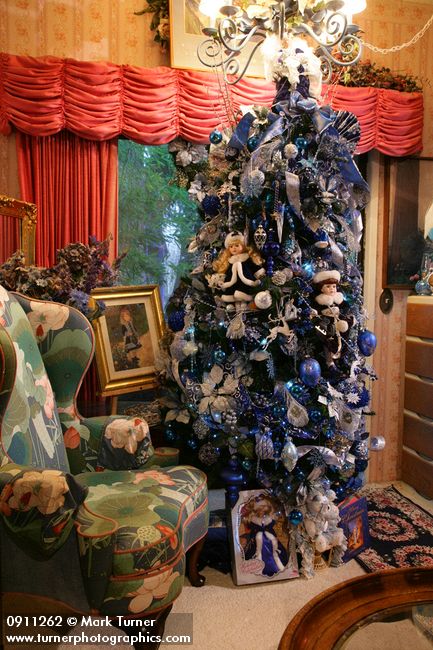 0911262 Blue Christmas tree against bedroom window. Mary Etta Foster, Ferndale, WA. &copy; Mark Turner