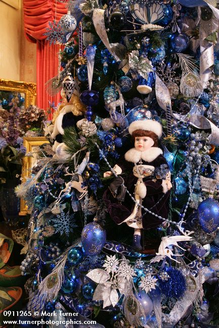 0911265 Blue Christmas tree ornaments detail. Mary Etta Foster, Ferndale, WA. &copy; Mark Turner