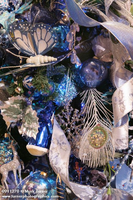 0911270 Blue Christmas tree ornaments detail. Mary Etta Foster, Ferndale, WA. &copy; Mark Turner