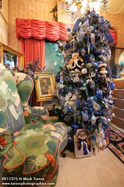 0911275 Blue Christmas tree against bedroom window. Mary Etta Foster, Ferndale, WA. &copy; Mark Turner