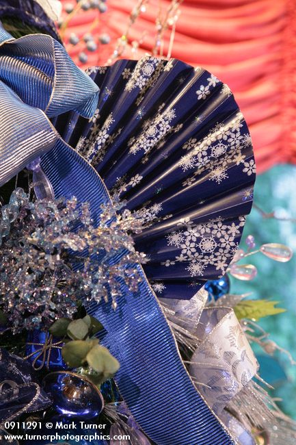 0911291 Fan among ornaments on Blue Christmas tree. Mary Etta Foster, Ferndale, WA. &copy; Mark Turner