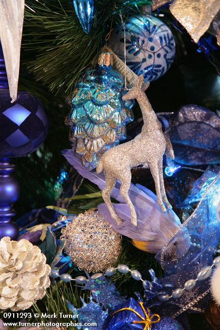 0911293 Blue Christmas tree ornaments detail. Mary Etta Foster, Ferndale, WA. &copy; Mark Turner