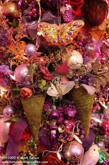 0911302 Purple Floral Christmas tree ornaments detail. Mary Etta Foster, Ferndale, WA. &copy; Mark Turner