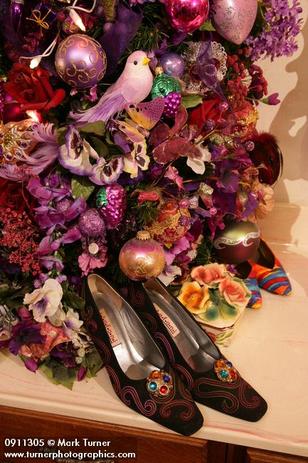 0911305 Shoes at base of Purple Floral Christmas tree. Mary Etta Foster, Ferndale, WA. &copy; Mark Turner
