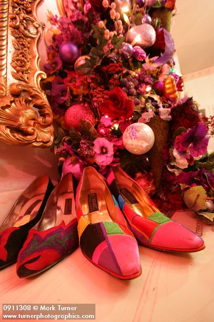 0911308 Shoes at base of Purple Floral Christmas tree. Mary Etta Foster, Ferndale, WA. &copy; Mark Turner