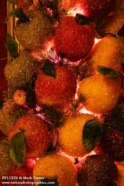 0911326 Fruit Christmas tree ornaments detail. Mary Etta Foster, Ferndale, WA. &copy; Mark Turner