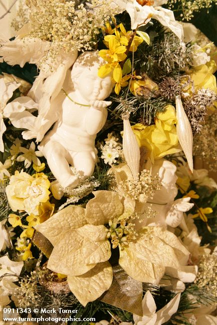 0911343 White Floral Christmas tree ornaments detail. Mary Etta Foster, Ferndale, WA. &copy; Mark Turner