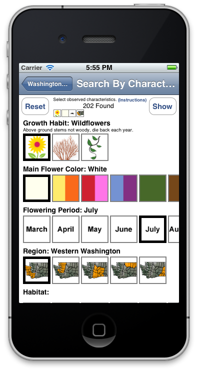 Washington Wildflowers search screen